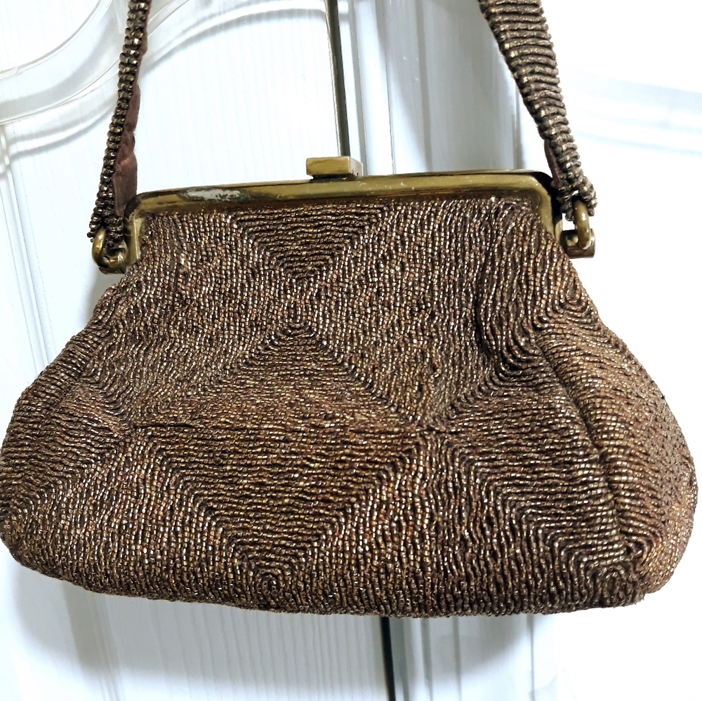 Vintage Fre-Mor Bronze Beaded Handbag Clutch Purse Brown Lined. - Picture 2 of 8